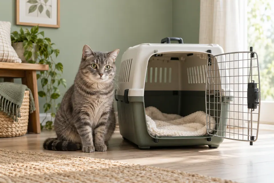 Chat tigré assis à côté d’une caisse de transport ouverte dans une pièce calme