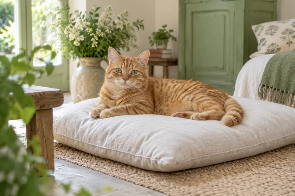 Chat roux au repos sur un coussin