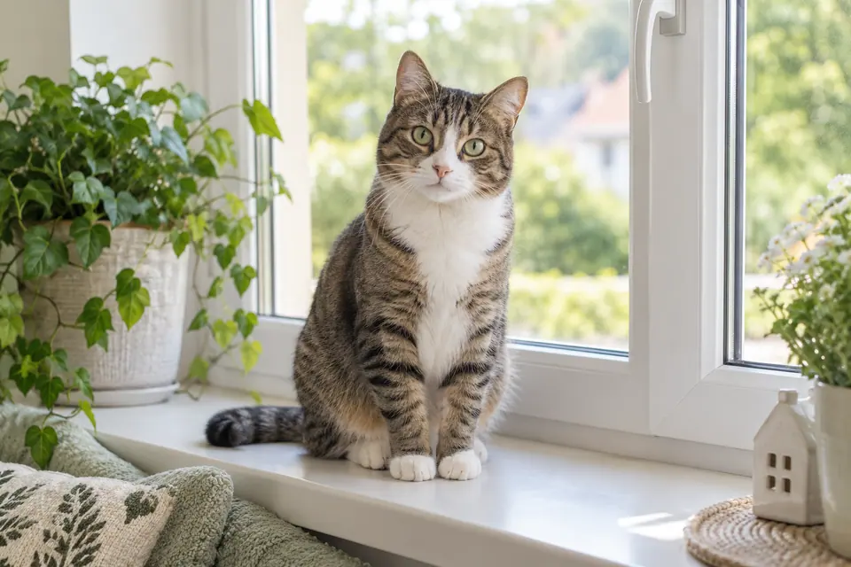 Chat tigré à la poitrine blanche près d’une fenêtre
