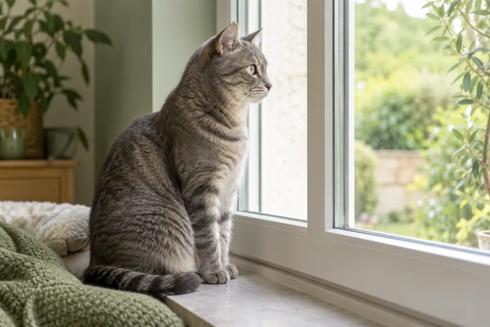 Chat tigré regardant par une fenêtre fermée