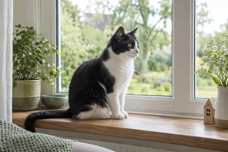 Chat noir et blanc sur le rebord intérieur d’une fenêtre