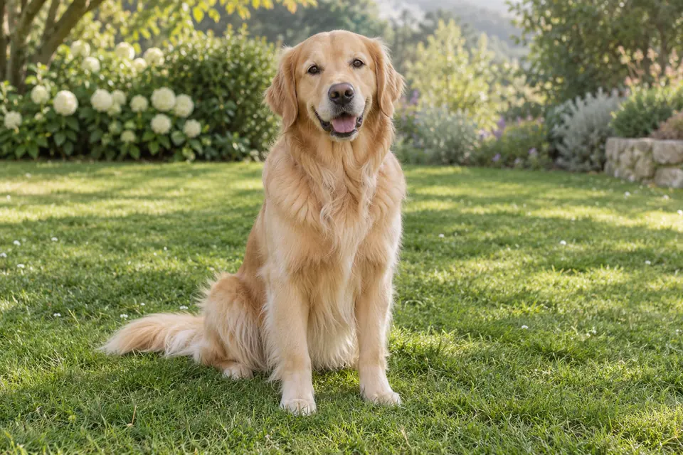 Chien au pelage doré assis dans un jardin