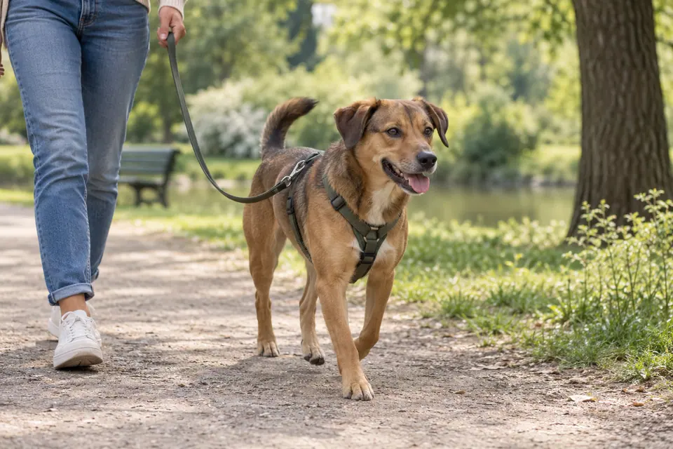Chien portant un harnais et tenu en laisse dans un parc