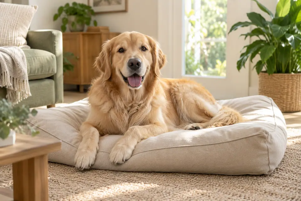 Chien au pelage doré au repos sur un coussin