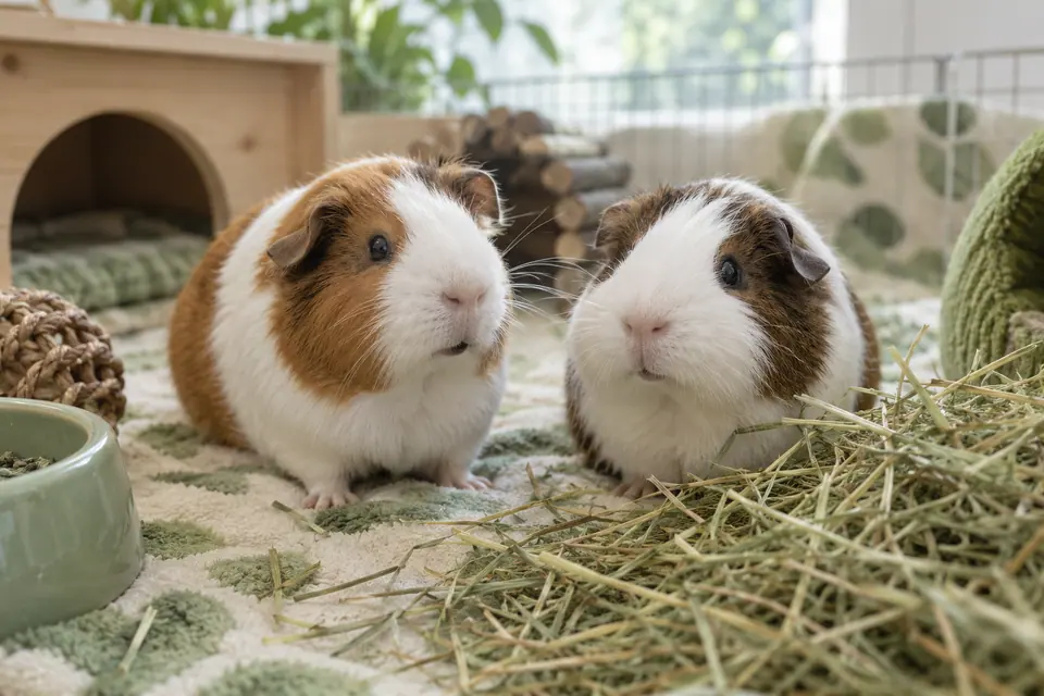 Deux cochons d’Inde blancs et bruns près de leur foin