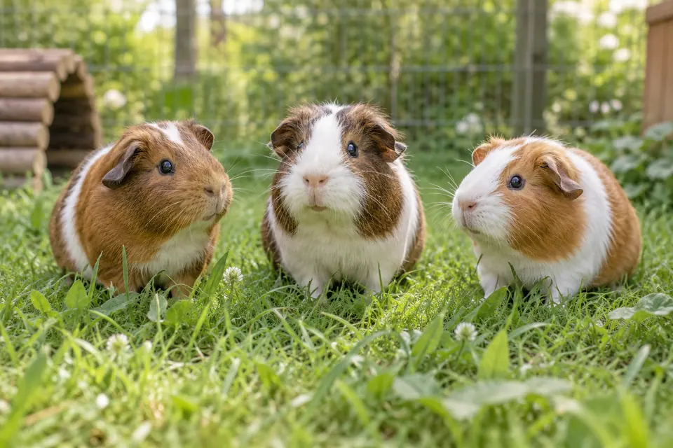 Trois cochons d’Inde dans l’herbe
