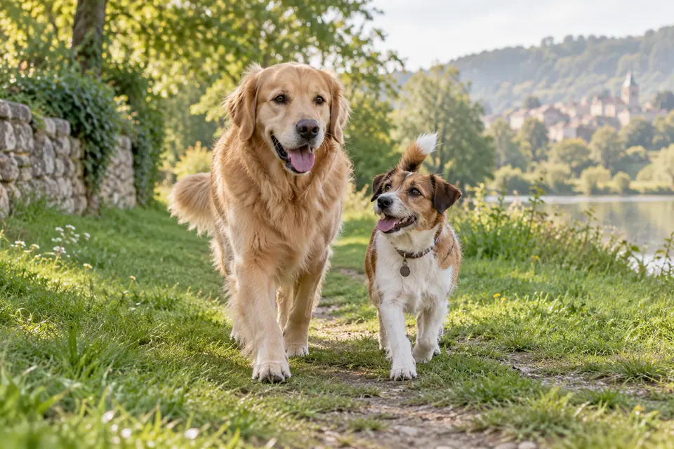 Deux chiens marchant côte à côte sur un chemin dans un parc