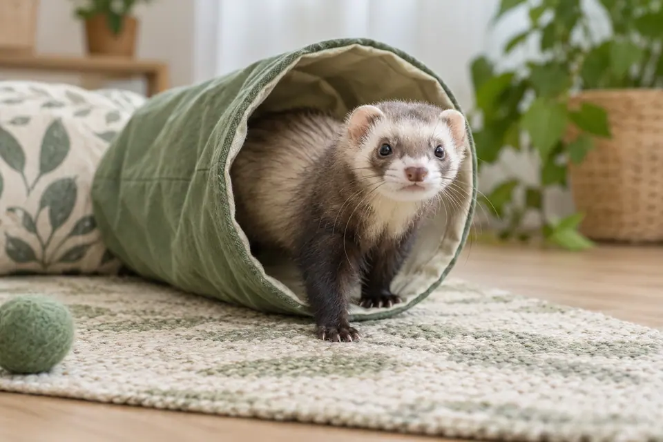 Furet clair au masque sombre à l’entrée d’un tunnel en tissu