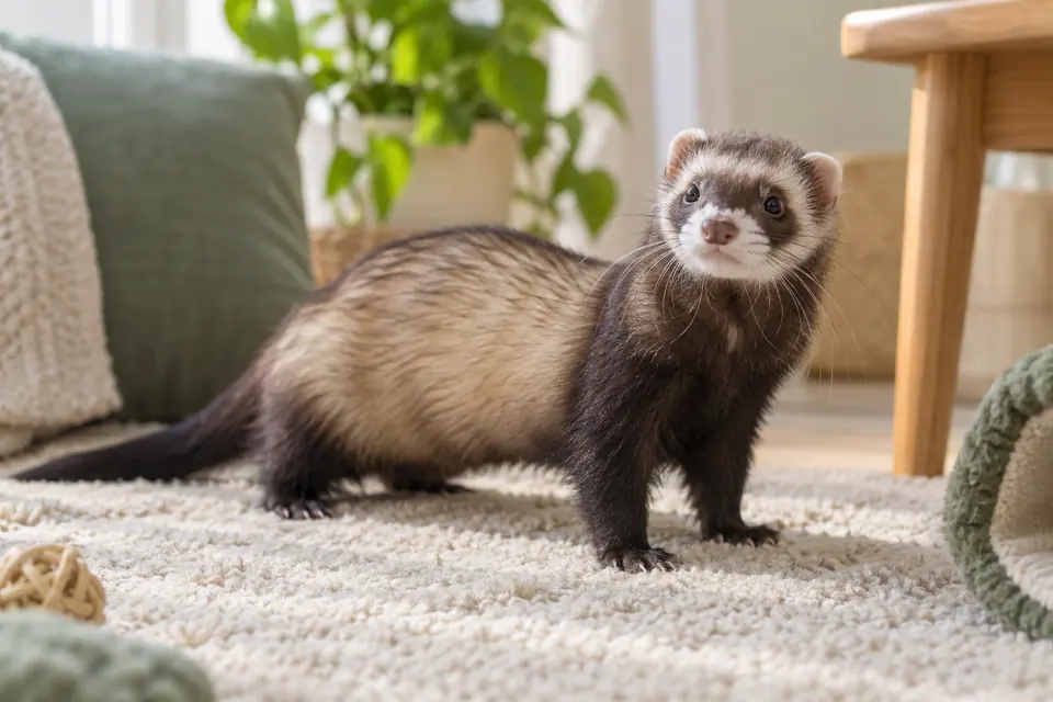Furet brun au masque sombre à l’intérieur