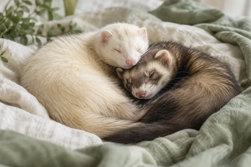 Deux furets endormis ensemble sur une couverture