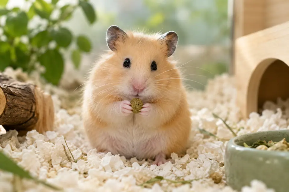 Hamster beige tenant une petite portion de nourriture