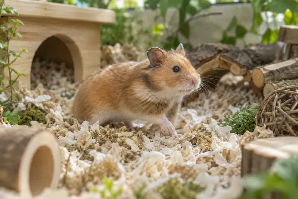 Hamster doré explorant une litière de papier épaisse