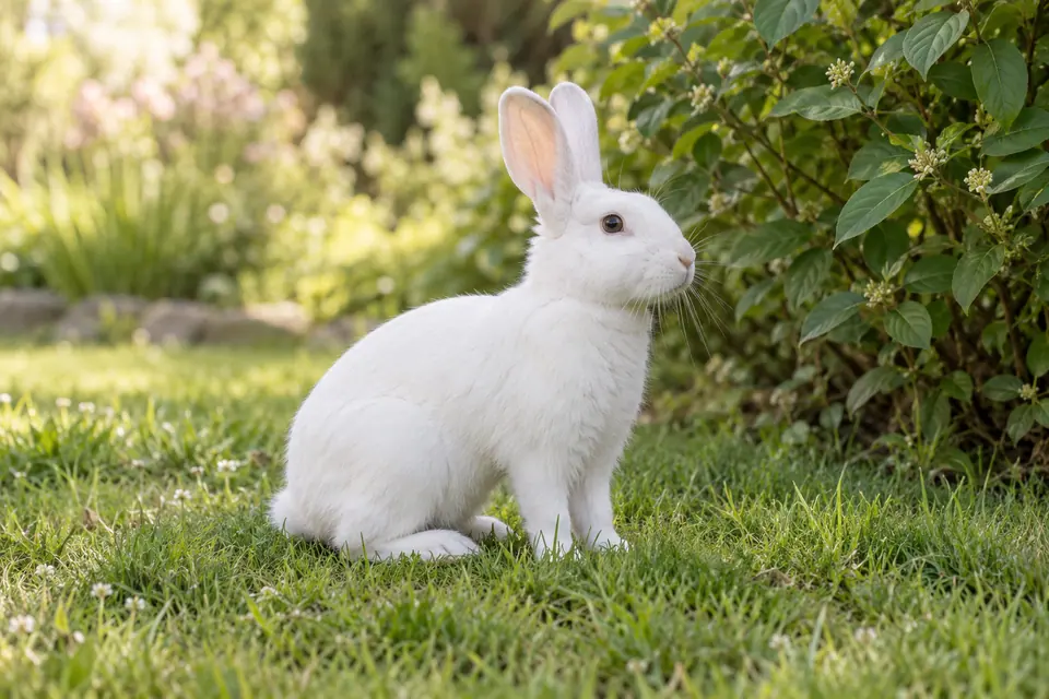 Lapin blanc aux oreilles dressées dans l’herbe