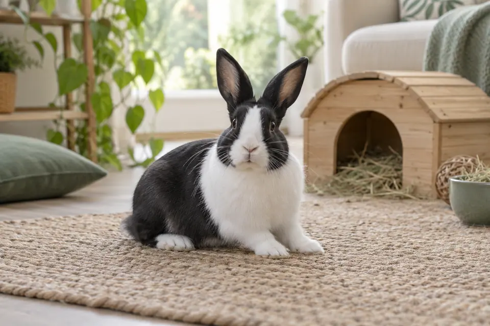 Lapin noir et blanc sur un tapis à l’intérieur