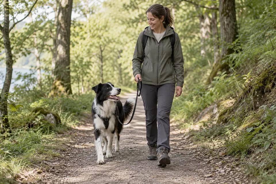 Promenade avec un chien sur un chemin boisé